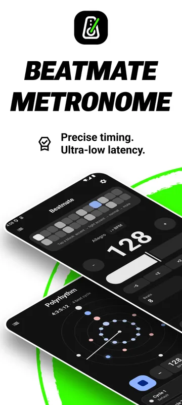 Beatmate Metronome: precise timing, ultra-low latency. The metronome and polyrhythm screens on two phones.