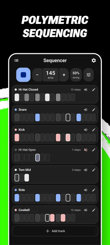 Polymetric sequencing: the drum sequencer with hi-hat, snare, kick, tom, ride and cowbell tracks, each with its own loop length.