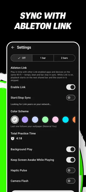 Sync with Ableton Link: the settings screen with Ableton Link, color schemes, background play, haptic pulse and camera flash.
