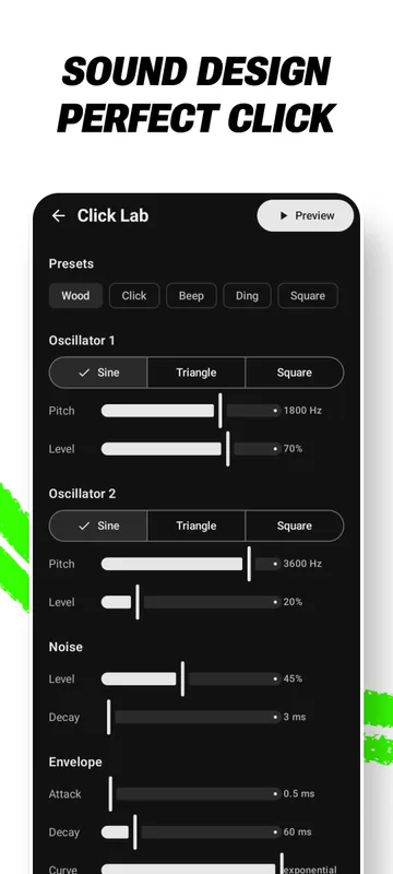 Sound design the perfect click: Click Lab with presets, two oscillators, noise and envelope controls.