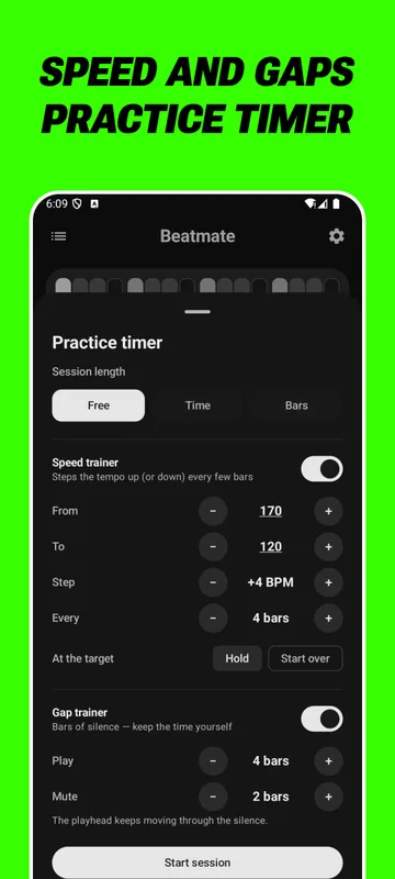 Speed and gaps practice timer: session length, a speed trainer that steps the tempo every few bars, and gap trainer bars of silence.