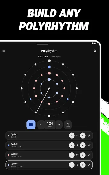 Build any polyrhythm on a tablet: the polyrhythm dial with four cycles.