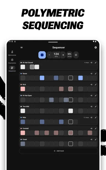 Polymetric sequencing on a tablet: the drum sequencer with tracks of different loop lengths.