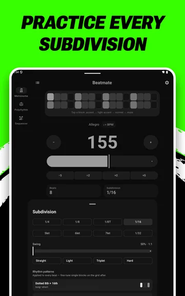 Practice every subdivision on a tablet: the metronome with the accent grid and subdivision choices.