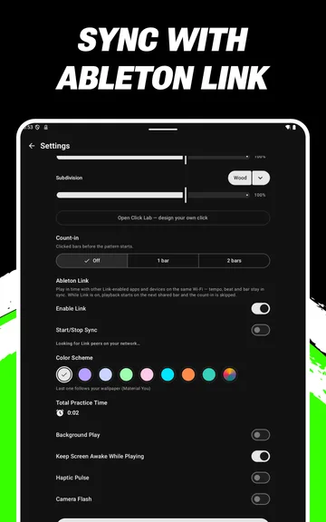Sync with Ableton Link on a tablet: the settings screen.