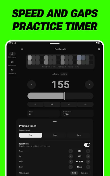 Speed and gaps practice timer on a tablet: the practice timer with speed and gap trainers.